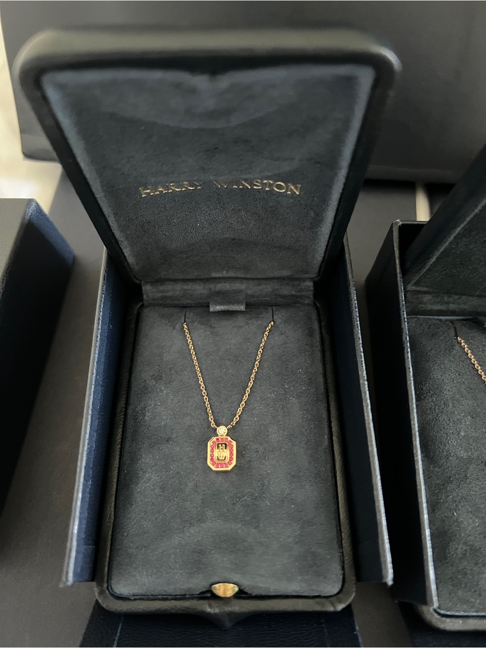 Harry Winston Gold Necklace with Pink-Red Enamel Pendant